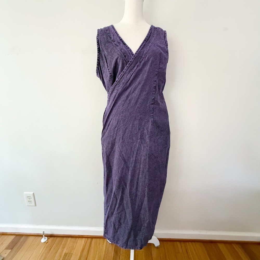 Dark Cottage Wrap Dress Women L/XL Purple Acid Wash 100% Cotton Goth Grunge Boho